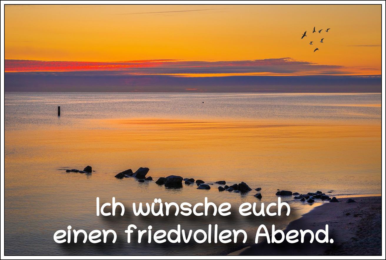 Bildbeschreibung: 
Ein Sonnenuntergang am Meer. Der orange-graue Himmel spiegelt sich im ruhigen Wasser wider. Einige Möwen fliegen vorbei.