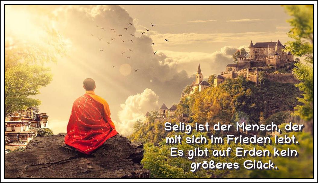 Bildbeschreibung: 
Ein Mönch sitzt auf einem Felsvorsprung. Rechts im Bild ein Berg mit einer mittelalterlichen Burg; links ein Kloster. Ein Vogelschwarm fliegt vor graugelbem Himmel. Auf dem Bild ein Zitat des deutschen Lyrikers Matthias Claudius.